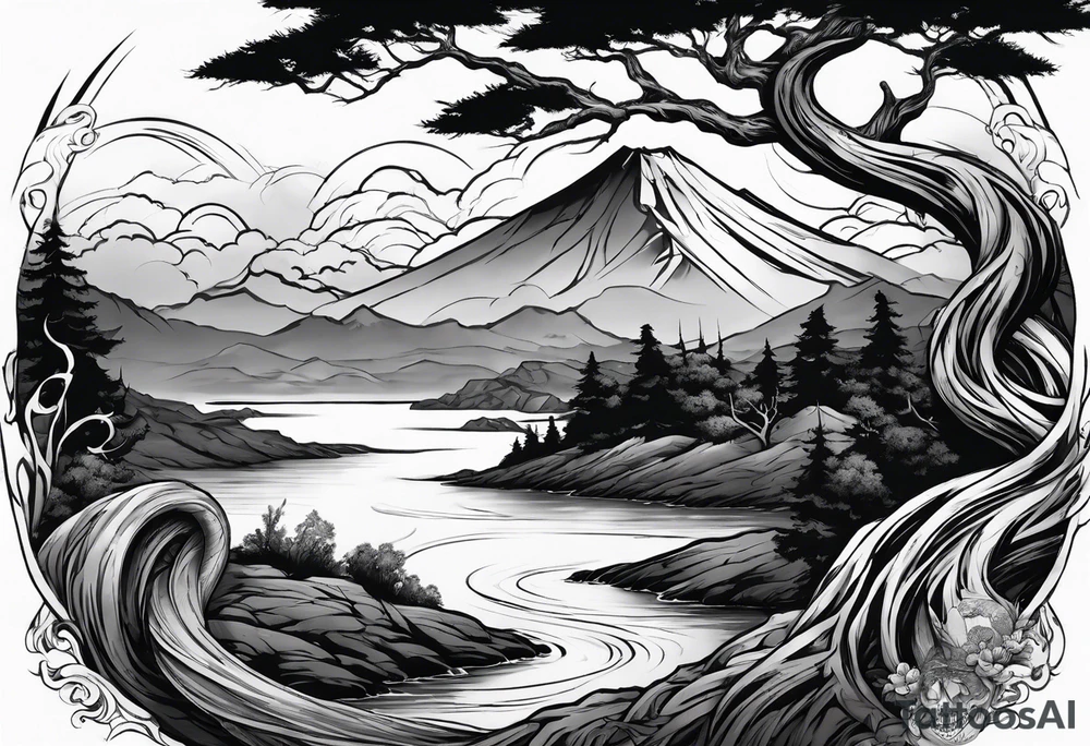 Full arm sleeve, tree going up to shoulder dead tree going down to wrist, wrapped in a serpent moving down with mountain, water, and demonic elements tattoo idea