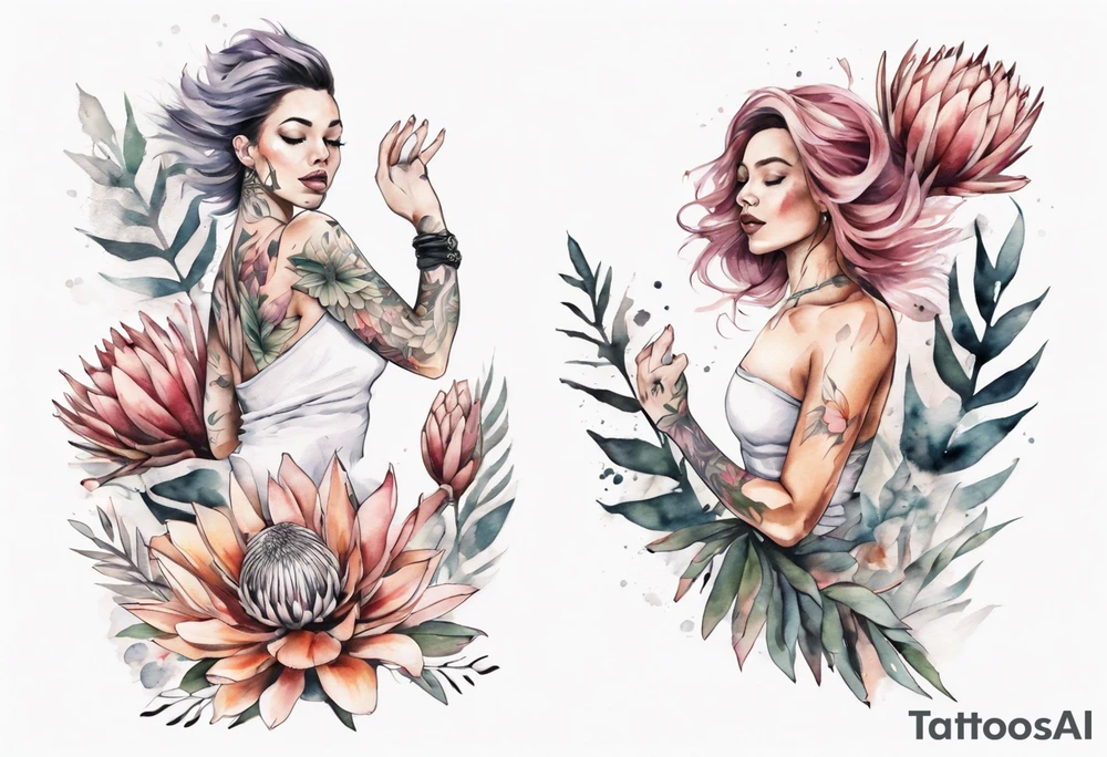 Very feminine tattoo with a woman dancing in a wind of protea flowers tattoo idea