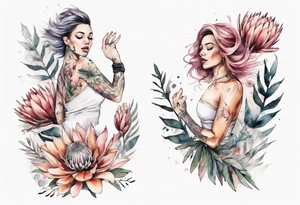 Very feminine tattoo with a woman dancing in a wind of protea flowers tattoo idea