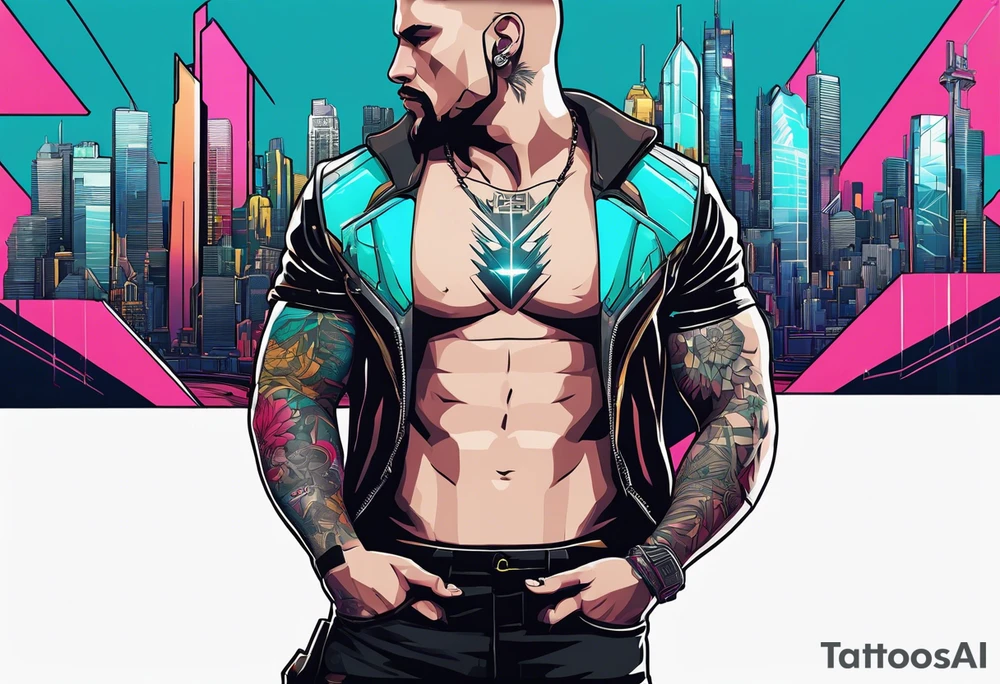 cyberpunk 2077, chest tattoo, geometric, subtle, men, city skyline, 4k tattoo idea