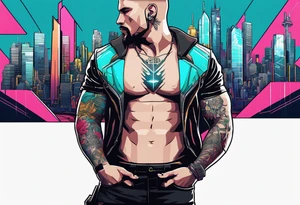 cyberpunk 2077, chest tattoo, geometric, subtle, men, city skyline, 4k tattoo idea