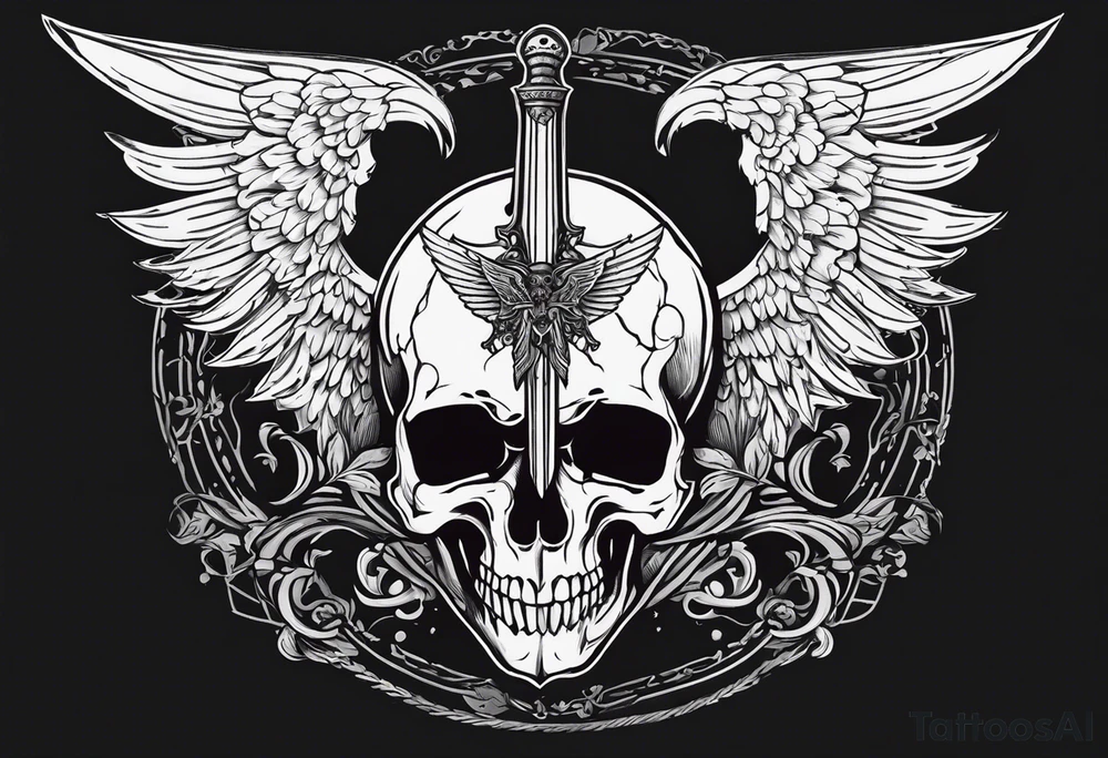 In the center is a half skull pierced by a large sword. On either side of the skull, there are spread angel wings, Beneath the skull is a ribbon with latvian symbols that weaves through both the skull and the sword tattoo idea