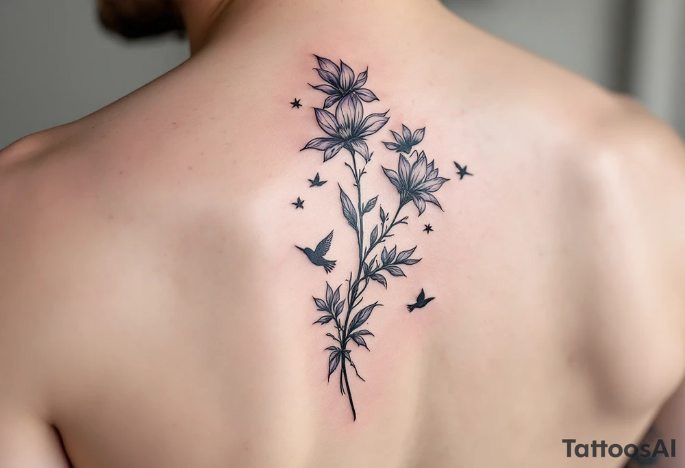 A wood violet blowing in the wind with pedals floating away turning into birds tattoo idea