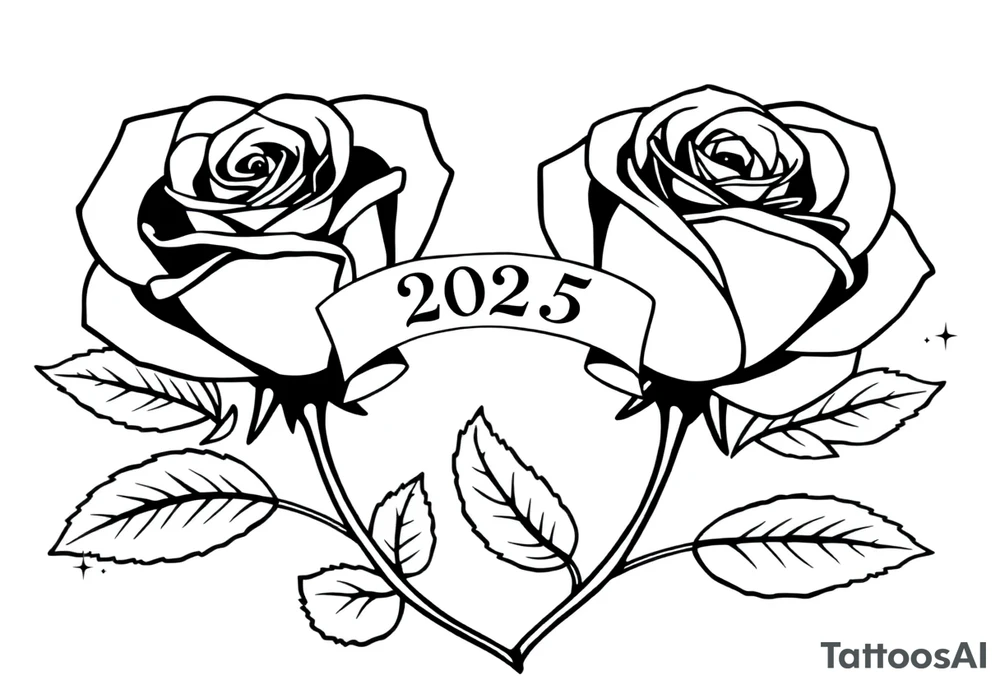 two beautiful large rose buds, one larger than the other, with many leaves next to the rose buds, with one sitting higher than the other. Include a banner connecting the two roses with the year "2025" on it.   Use dark outlines with little shading. The two stems should be short, not long, and connect and join into one stem, whimsically curved or twisted - not straight down. tattoo idea
