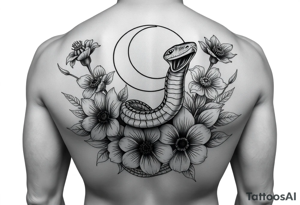 A snake slithering in different flowers with a crescent moon in the background tattoo idea
