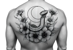A snake slithering in different flowers with a crescent moon in the background tattoo idea
