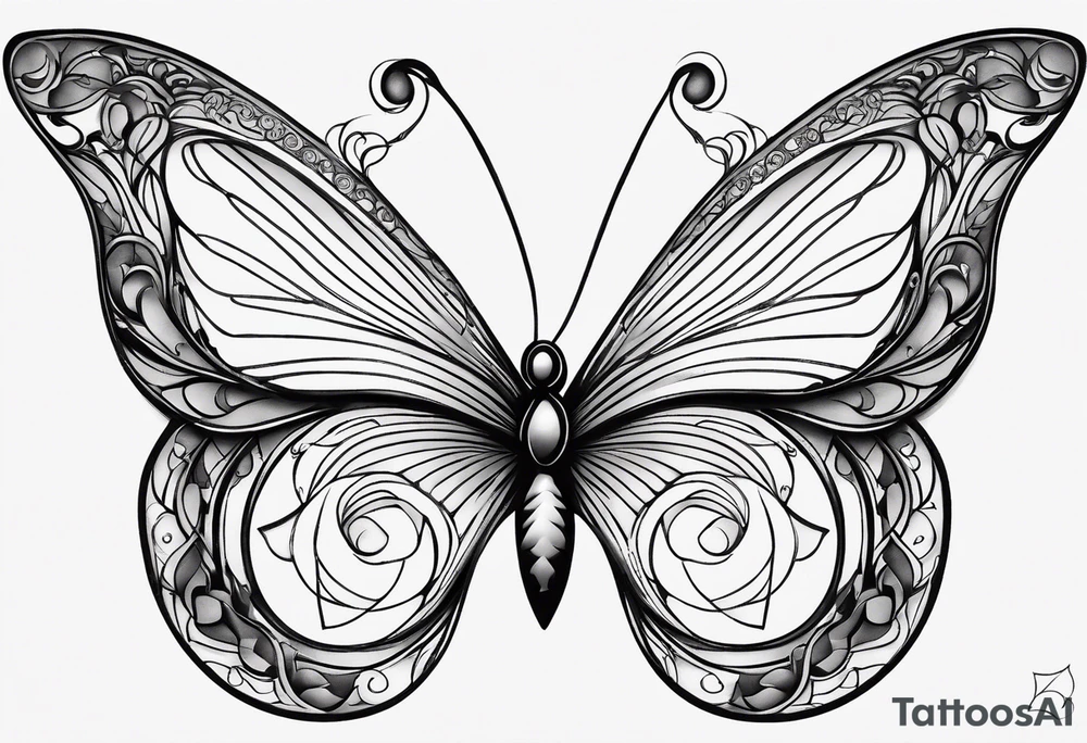 Feminine butterfly with fine lines, incorporating subtle sun and moon symbols in the wings, flowing curves representing the balance of fire and water, all in a minimalist, elegant style. tattoo idea