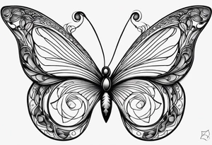 Feminine butterfly with fine lines, incorporating subtle sun and moon symbols in the wings, flowing curves representing the balance of fire and water, all in a minimalist, elegant style. tattoo idea