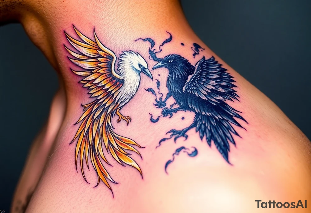 A majestic white phoenix, with glowing feathers in shades of gold and silver, symbolizing light and resurrection, opposite a dark crow, surrounded by smoky tendrils and shadowy wings, dripping with darkness and doom. tattoo idea