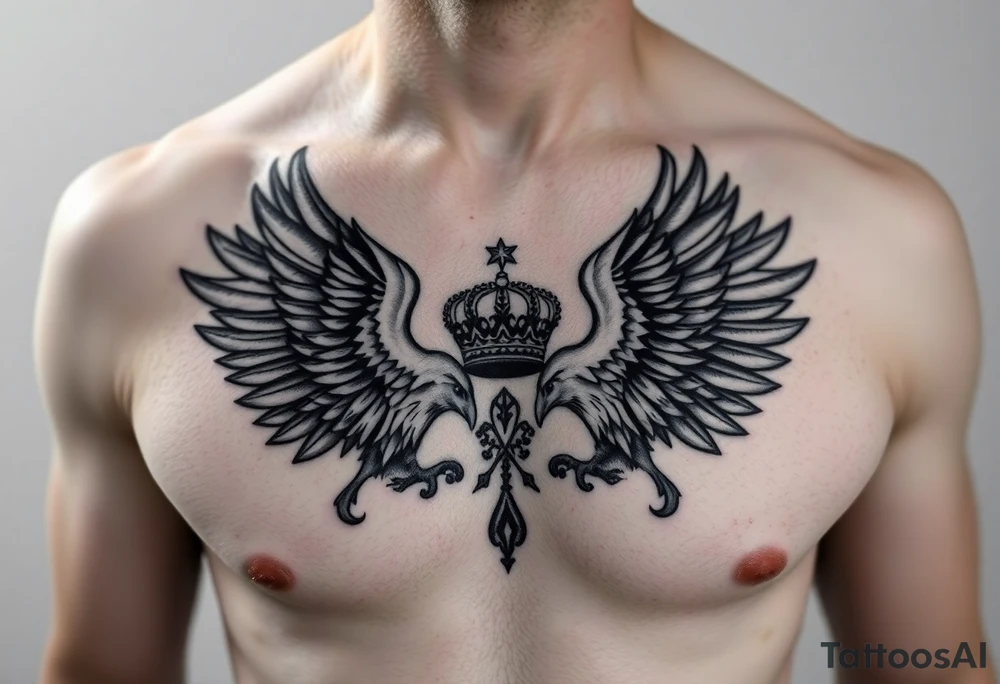 Chest tattoo,powerful two symetrical majestic eagles, surrounded by lure ornaments , between eagles a crown tattoo idea