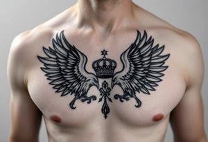 Chest tattoo,powerful two symetrical majestic eagles, surrounded by lure ornaments , between eagles a crown tattoo idea
