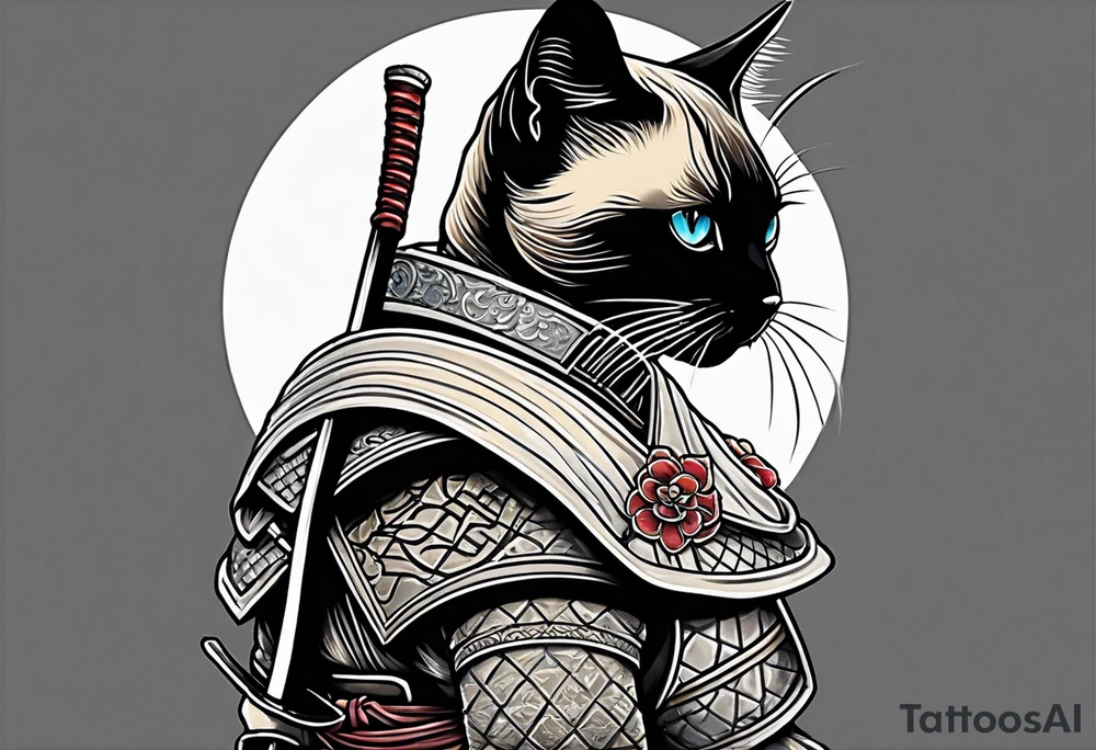 A siamese cat standing up wearing a samurai armor and holding a katana tattoo idea