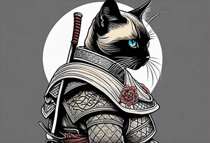 A siamese cat standing up wearing a samurai armor and holding a katana tattoo idea