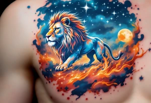 A fierce lion outlined in stardust white roams across a watercolor canvas of midnight blues and fiery oranges with bold Lion star constellation tattoo idea