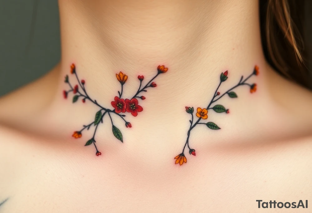 Two separate collarbone tattoos of long, stems and branches covered with red, orange, yellow and dark forest green leaves and flowers, academia, witchy, muted, delicate and gentle but moody, long and thin, following the collarbone. More muted, not so bright, darker colors. Fewer amount of leaves, larger leaves. Less flowers and leaves. tattoo idea