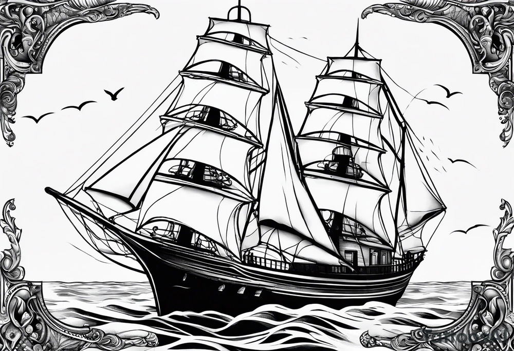 ghost marine lighthouse behind the bow of a sailboat. tattoo idea