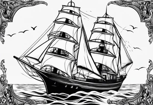 ghost marine lighthouse behind the bow of a sailboat. tattoo idea
