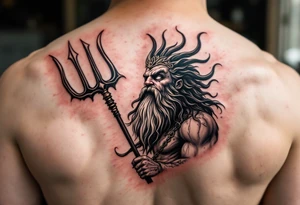 funny poseidon, behind a trident, looking at the sky tattoo idea