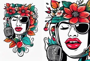 lips singing old school vintage traditional
flowers around and mouth next to microphone
bold and colorful simple design tattoo idea