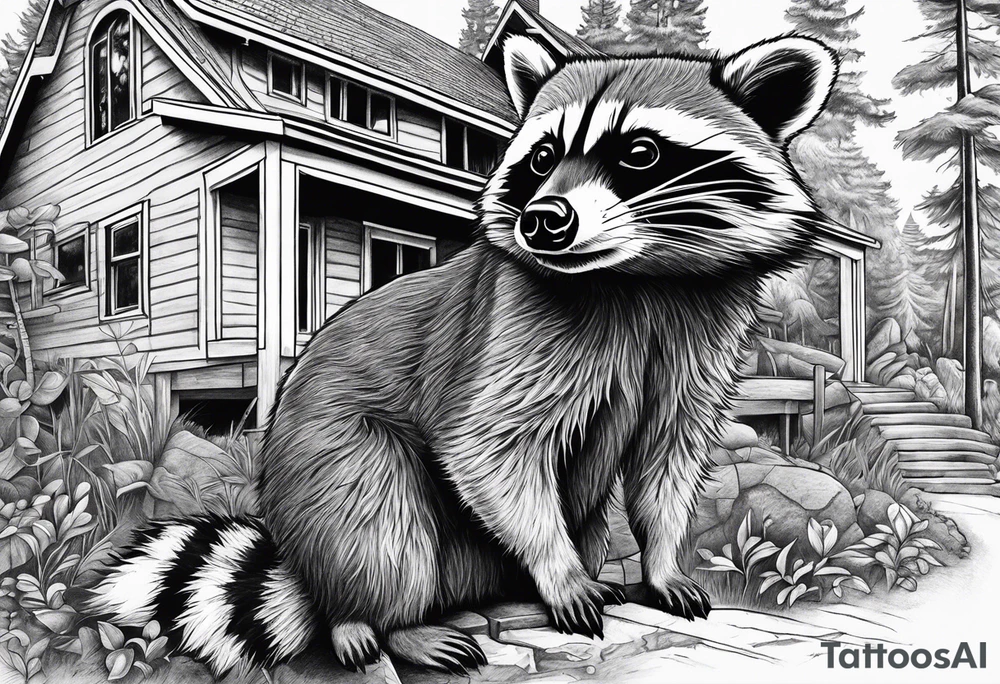 Hard working Raccoon Husband
Raccoon wife and Child in the Back 
Background House and woods tattoo idea