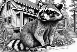 Hard working Raccoon Husband
Raccoon wife and Child in the Back 
Background House and woods tattoo idea