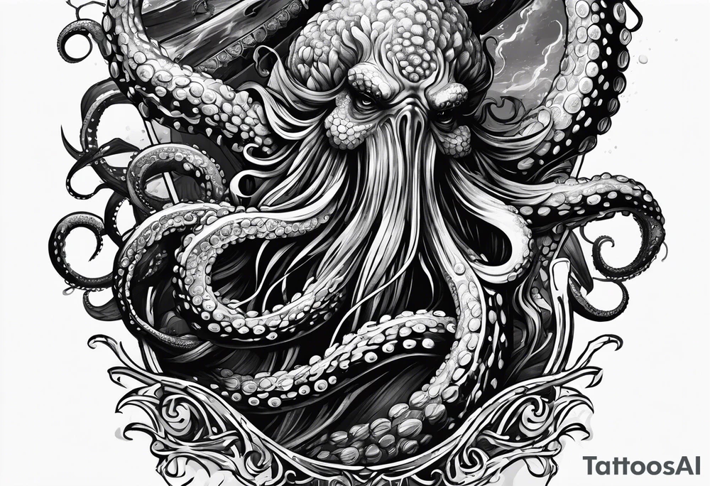 Kraken octopus tentacles grabbing Poseidon thrusting trident into monster deep ocean stormy tattoo idea