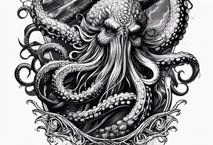 Kraken octopus tentacles grabbing Poseidon thrusting trident into monster deep ocean stormy tattoo idea