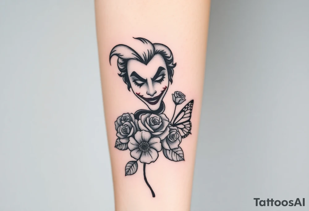 Joker tattoo with roses and a snake through the roses and money butterfly’s with filler ink full arm tattoo idea