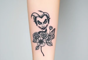 Joker tattoo with roses and a snake through the roses and money butterfly’s with filler ink full arm tattoo idea