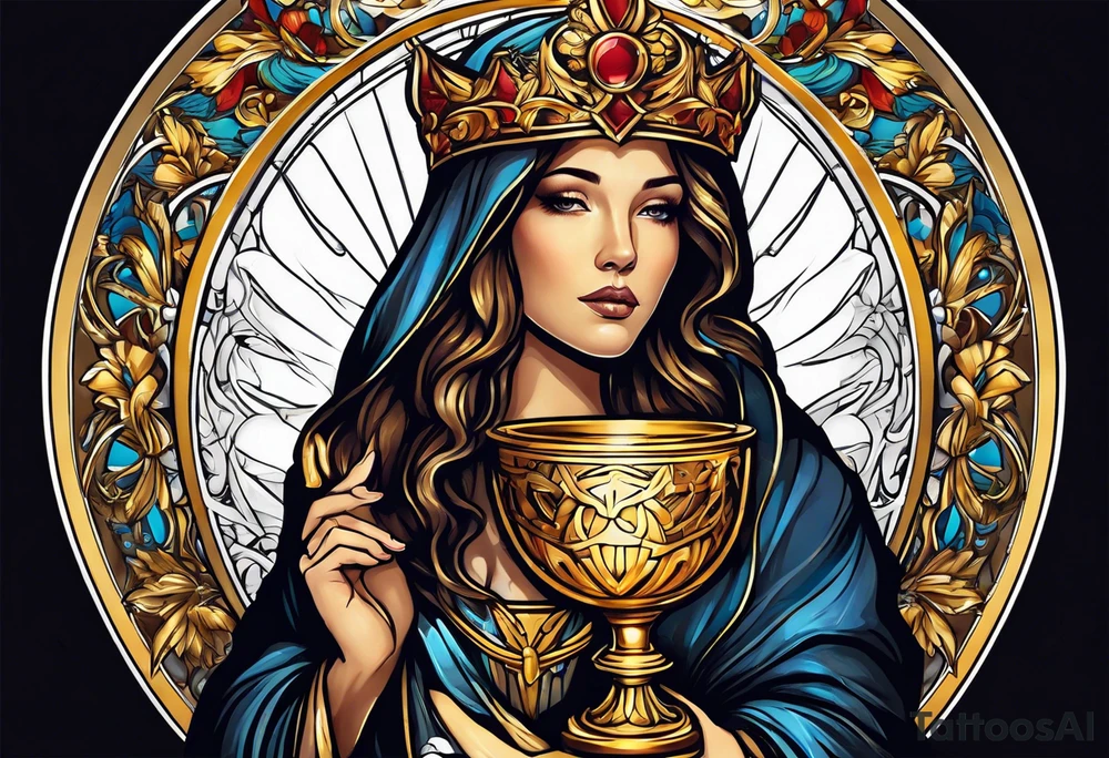 holy saint woman with golden halo holding a chalice tattoo idea