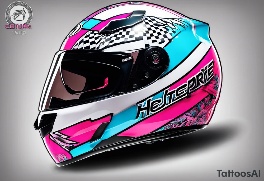 formula 1 helment with miami name a palm three and black light blue and pink colors tattoo idea