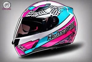 formula 1 helment with miami name a palm three and black light blue and pink colors tattoo idea