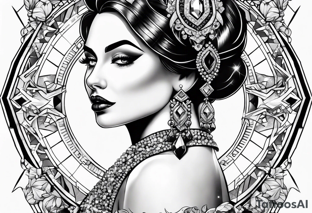 Fancy queen of diamonds and gemstones tattoo idea