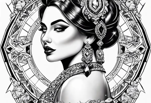 Fancy queen of diamonds and gemstones tattoo idea
