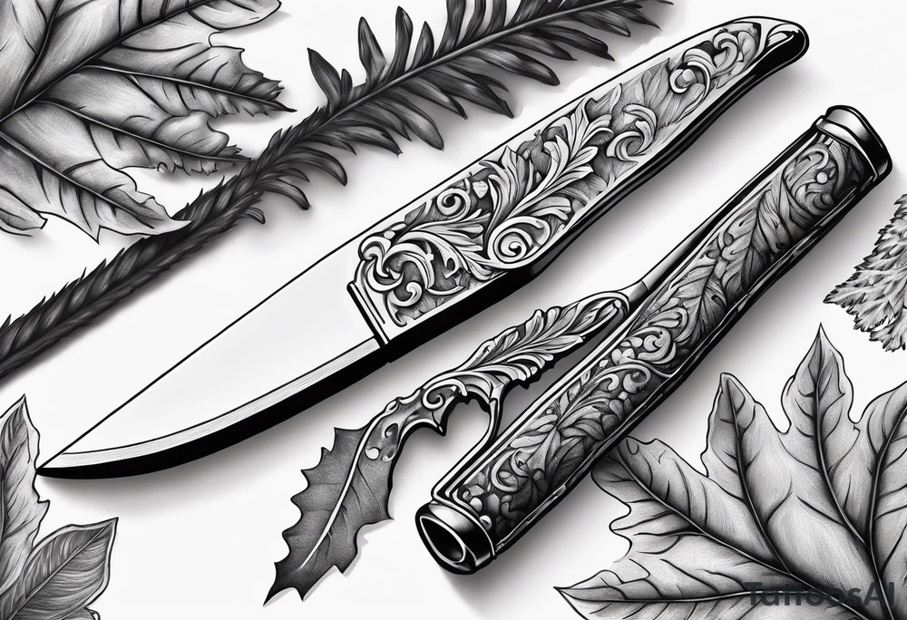 a straight razor lies in oak leaves. tattoo idea