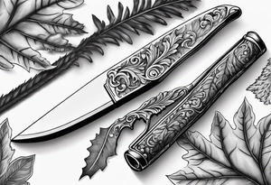 a straight razor lies in oak leaves. tattoo idea