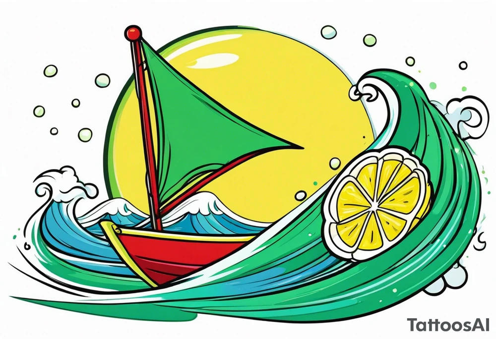 A lemon-Buoy with a green leaf-flag on waves tattoo idea
