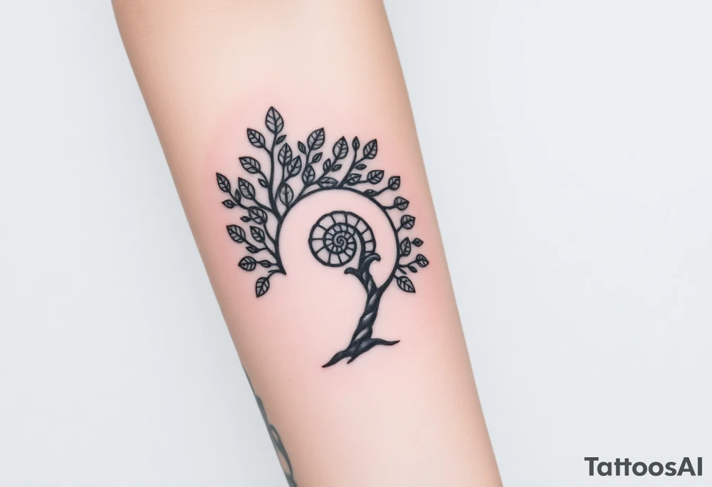Fibonacci spiral shell on side of base of tree full of lots of leaves tattoo idea