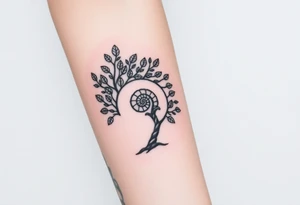 Fibonacci spiral shell on side of base of tree full of lots of leaves tattoo idea