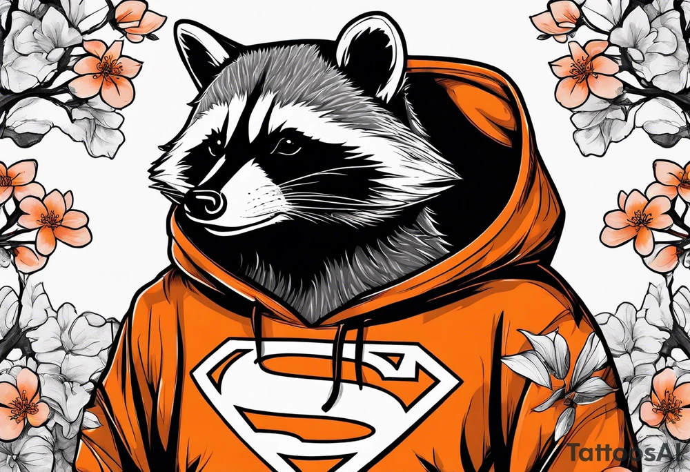 raccoon wearing a black and white Superman hoodie and orange Japanese cherry blossoms tattoo idea