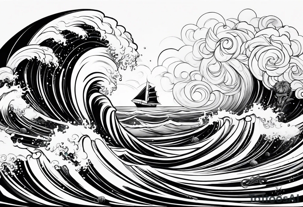 Poseidon im Vordergrund mit Windsurfer und Wellen im Hintergrund tattoo idea