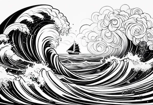Poseidon im Vordergrund mit Windsurfer und Wellen im Hintergrund tattoo idea