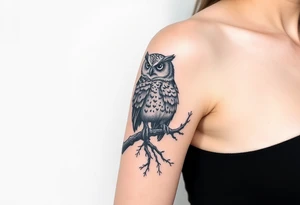 wise owl perched on ancient oak branch under starlit sky tattoo idea