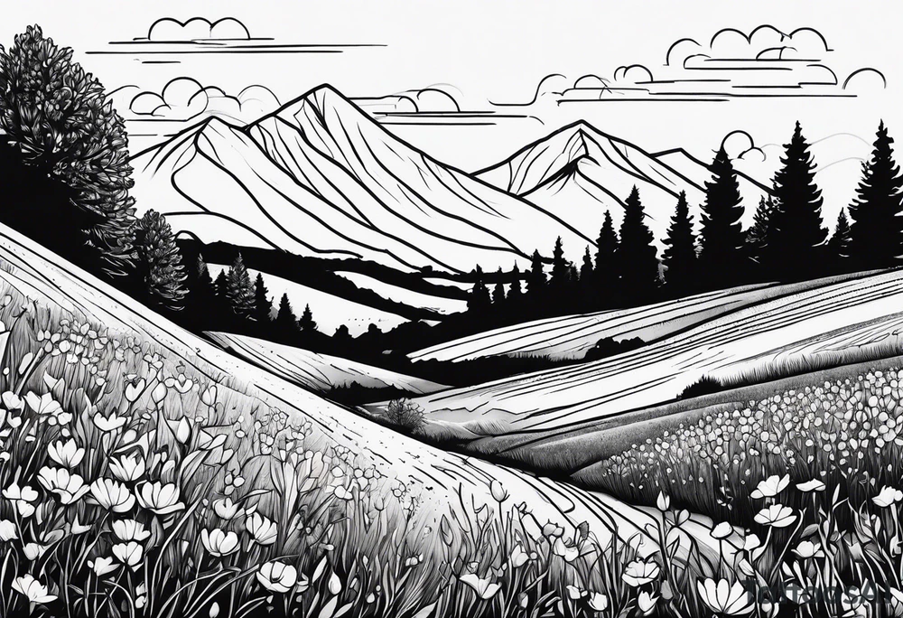 hills, wildflowers, sunshine, no trees, small on forearm, fine lines tattoo idea