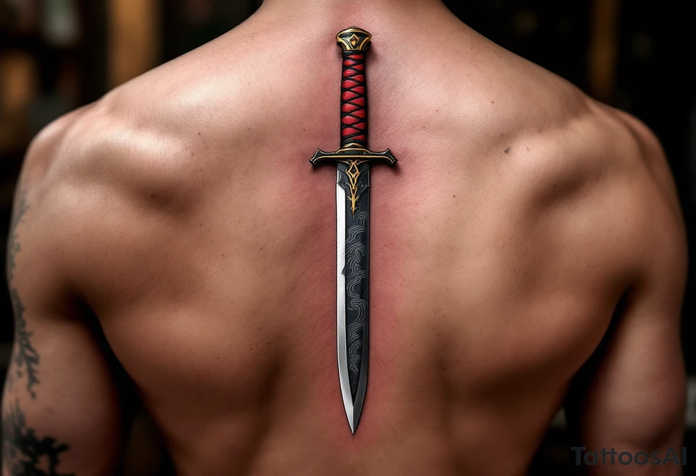 Samurai Dagger (Tanto Blade) – A traditional Japanese tanto dagger with a red and black wrapped hilt, featuring golden accents. The blade is polished steel with a faint wave pattern, representing a finely crafted katana. tattoo idea