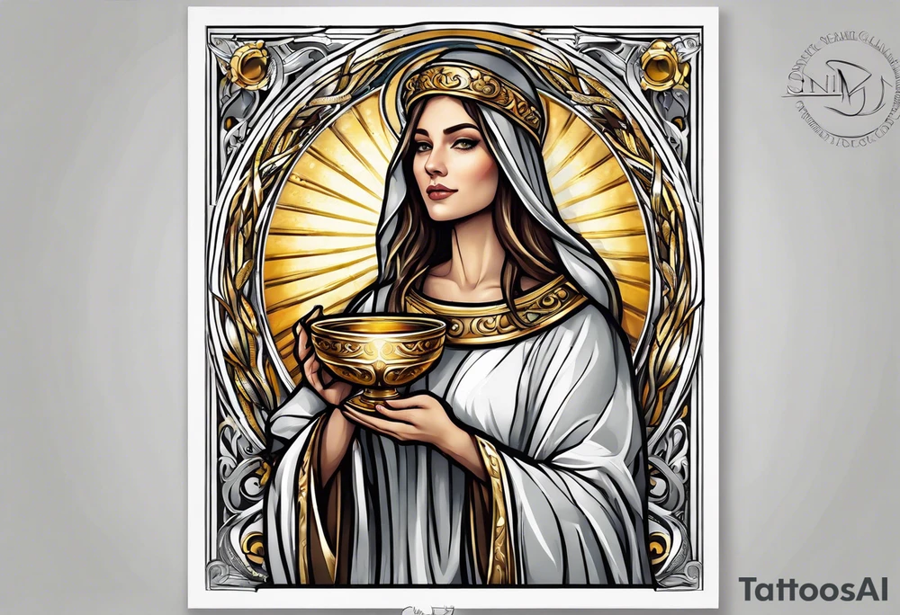woman saint holding chalice surrounded by golden halo tattoo idea