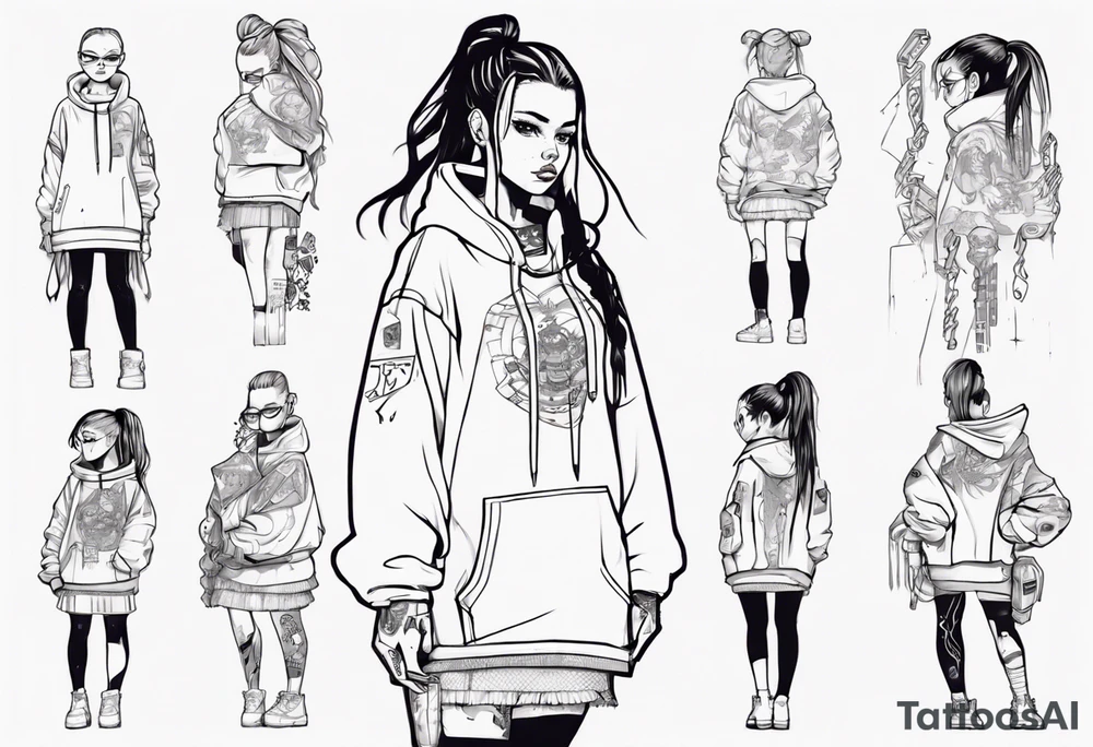 Cute cyberpunk girl with ponytail wearing an oversized hoodie and a skirt tattoo idea