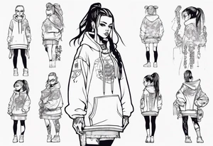Cute cyberpunk girl with ponytail wearing an oversized hoodie and a skirt tattoo idea