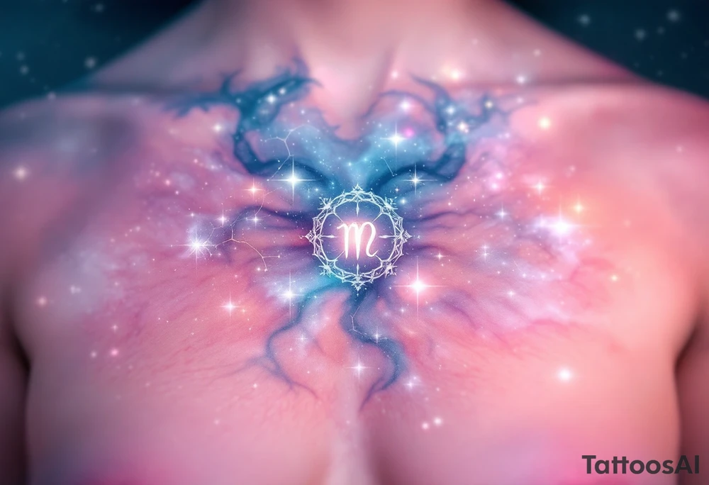 A pink and navy ombré sky holds the Cancer constellation with a silver zodiac glyph glowing at its center. tattoo idea