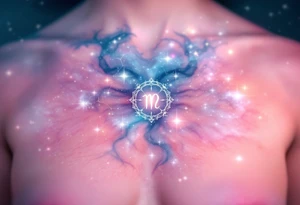 A pink and navy ombré sky holds the Cancer constellation with a silver zodiac glyph glowing at its center. tattoo idea